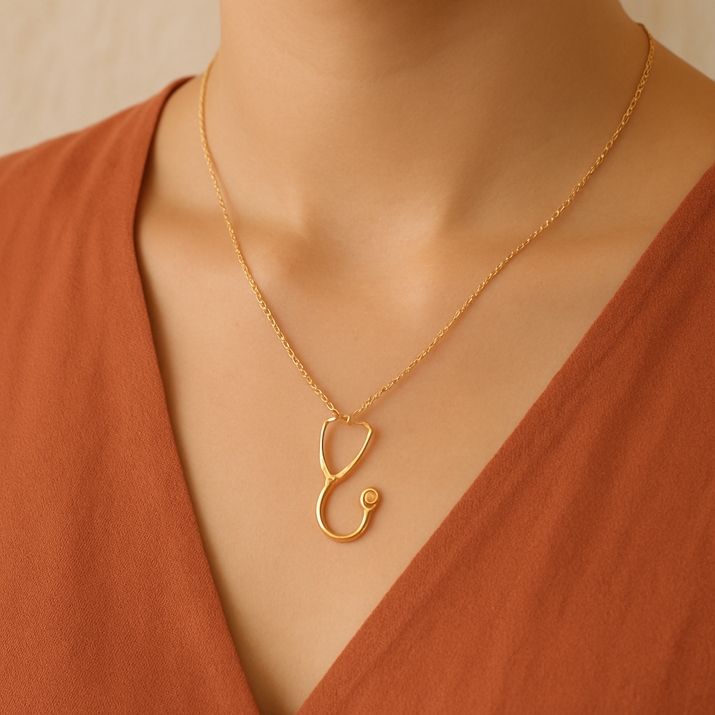 A dainty gold stethoscope charm necklace