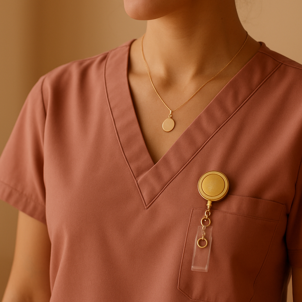 A healthcare worker wearing delicate gold jewelry