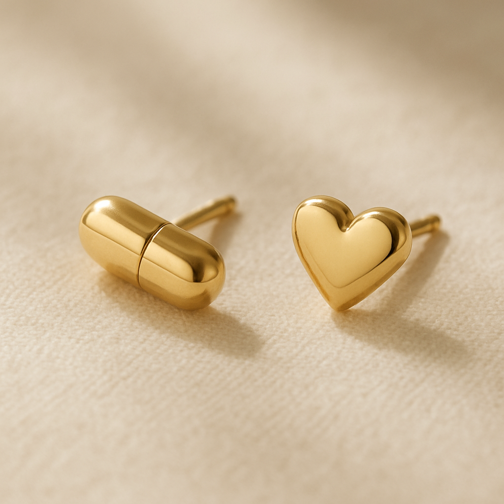 Tiny pill and heart stud earrings